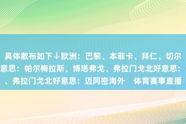 具体散布如下↓欧洲：巴黎、本菲卡、拜仁、切尔西、尤文、曼城南好意思：帕尔梅拉斯、博塔弗戈、弗拉门戈北好意思：迈阿密海外    体育赛事直播